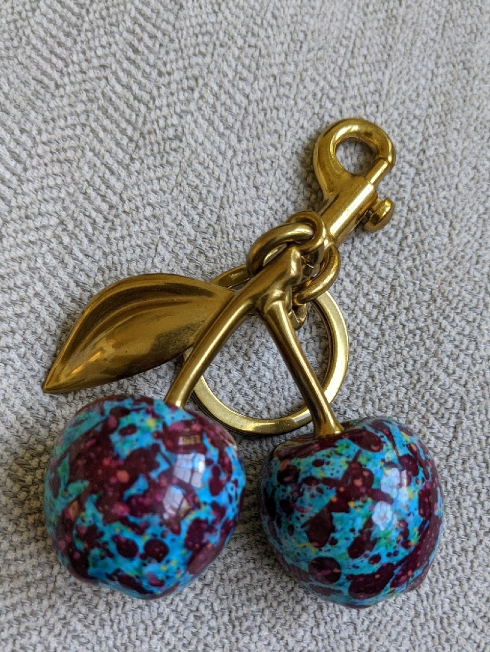 Gold-tone Cherry Keychain with Turquoise & Burgundy Speckled Enamel Cherries